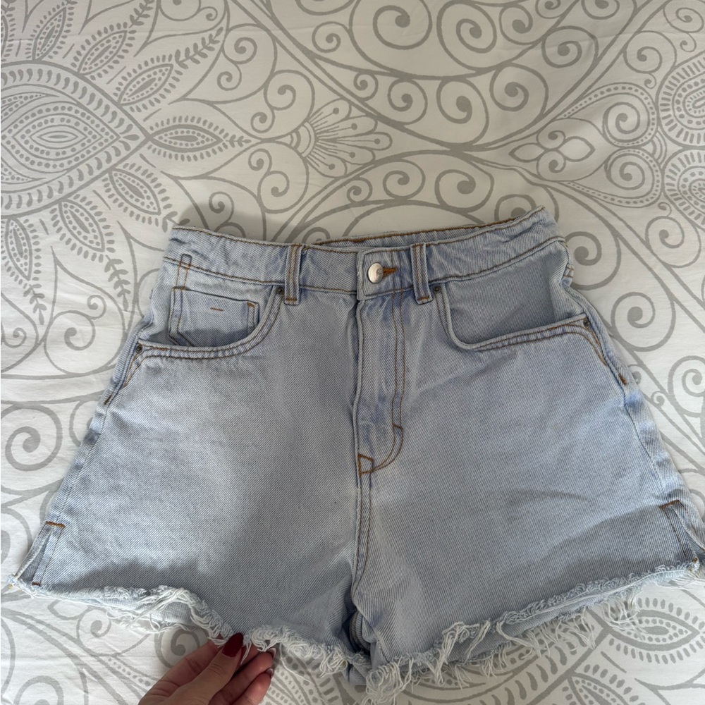Zara Light Blue Jean Shorts with Frayed Hem